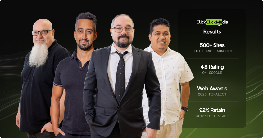 four members of the click click media and paladine systems team with a results panel showing 500 plus sites built, 4.8 google rating, web awards 2025 finalist, and 92 percent client and staff retention.