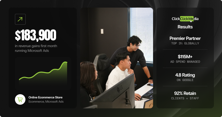 results collage of what success looks like showcasing an increase of $183,000 in revenue for one account.