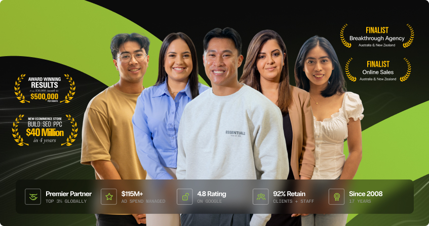 five members of the click click media team standing together with award finalist badges for breakthrough agency and online sales australia and new zealand, and a credential bar showing premier partner, 115 million in ad spend, 4.8 google rating, 92 percent retention, and 17 years experience since 2008.