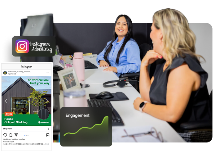 two team members in a meeting room with an instagram advertising sponsored post for blacktown building supplies showing vertical cladding, an engagement trend chart, and the instagram logo.