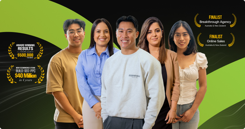 five click click media team members standing together in the office with overlaid graphics showing australian web awards finalist badges and client campaign results totalling 1.4 million.