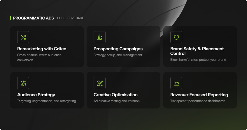 six programmatic ad services in card format: remarketing with criteo, prospecting campaigns, brand safety and placement control, audience strategy, creative optimisation, and revenue-focused reporting.