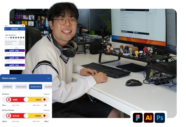 jerry from the click click media ux team smiling at his desk with headphones around his neck, a collection of anime figurines on his monitor stand, and overlaid screenshots of a sports app showing match insights and team stats, with figma, illustrator, and photoshop logos in the corner.