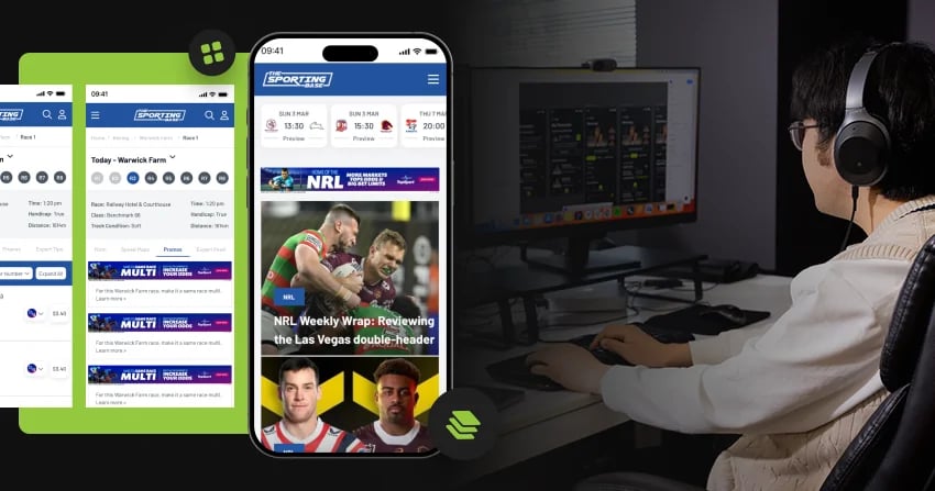 jerry working at a triple-monitor setup with a sports betting ux design concept on screen, surrounded by app wireframes and interaction flows.