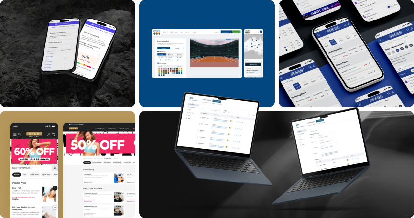 six ux design projects displayed on device mockups: a mobile ecommerce app with conversion tracking, a sports court builder configurator, a sports betting app with match selection flows, a beauty clinic mobile booking interface with promotional banners, a treatment listing page on laptop, and a mobile form experience.