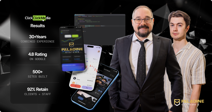 paladine systems vibe code rescue team with results showing 30 plus years combined experience, 4.8 google rating, 500 plus sites built, and 92 percent client and staff retention.