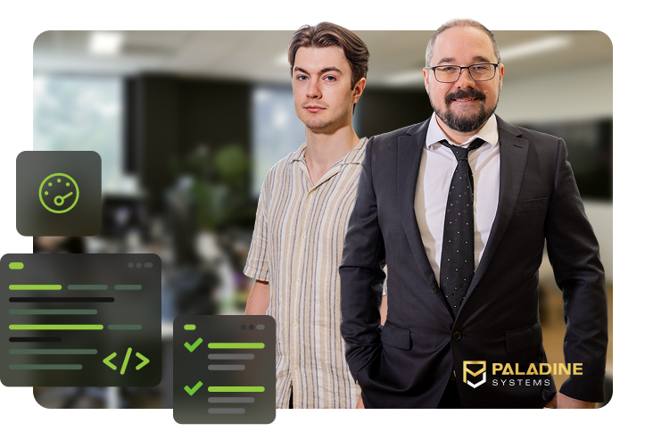 two members of the paladine systems vibe code rescue team standing in the norwest office with code review and performance monitoring icons and the paladine systems logo.