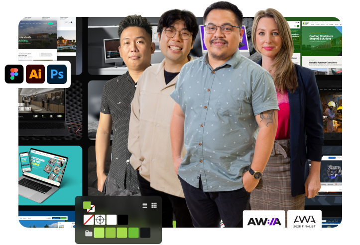 four click click media web design team members standing in front of a collage of completed website projects with figma, illustrator, and photoshop tool icons on the left and awia and australian web awards 2025 finalist badges on the right, with a green colour palette swatch at the bottom.