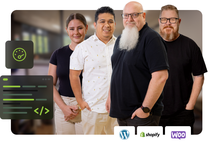four click click media web development team members standing together with a performance dashboard icon and code editor graphic on the left, and wordpress, shopify, and woocommerce platform logos along the bottom.