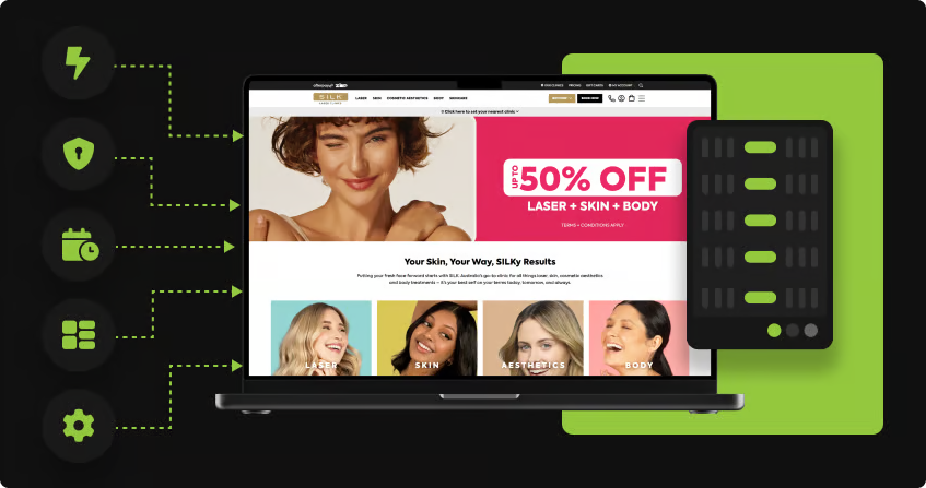 a national skincare brand website displayed on laptop and tablet mockups showing a promotional landing page with service categories, alongside icons for speed, uptime, security, and server configuration.
