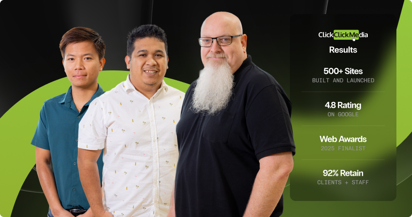 three members of the click click media web hosting and development team standing together with a results panel showing 500 plus sites built and launched, 4.8 google rating, web awards 2025 finalist, and 92 percent client retention.