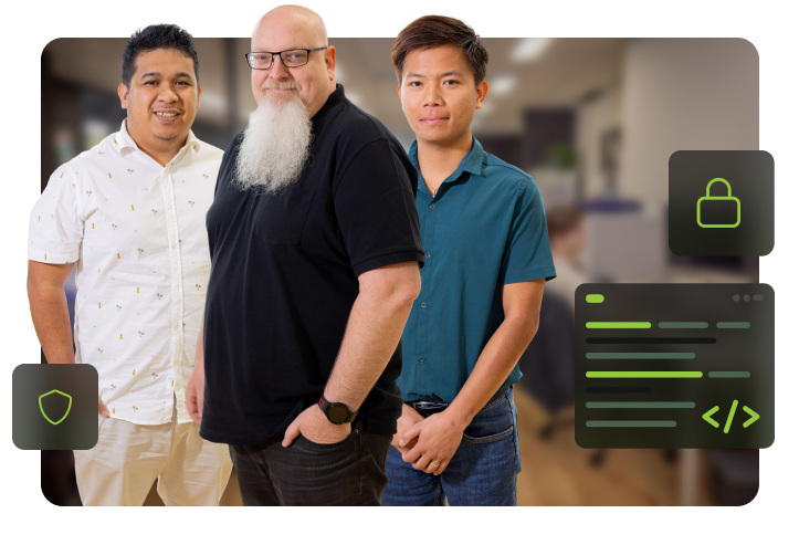three members of the click click media web maintenance team standing together in the norwest office with security shield, padlock, and code icons overlaid.
