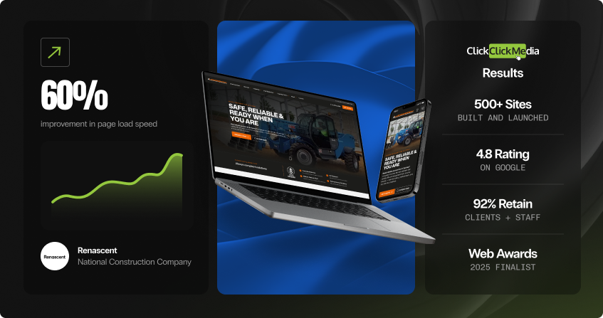 webflow development results featuring a 60 percent improvement in page load speed for a national construction company, shown on laptop and mobile mockups of a fleet and equipment website, alongside 500 plus sites, 4.8 google rating, 92 percent retention, and web awards 2025 finalist credentials.