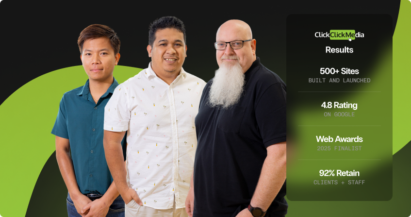 three members of the click click media web maintenance team standing together with a results panel showing 500 plus sites built and launched, 4.8 google rating, web awards 2025 finalist, and 92 percent client retention.