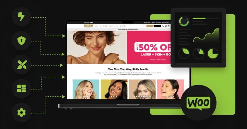 woocommerce development showcase displaying a responsive ecommerce storefront on desktop, tablet, and mobile alongside product management dashboard, checkout flow, and analytics reporting screens.