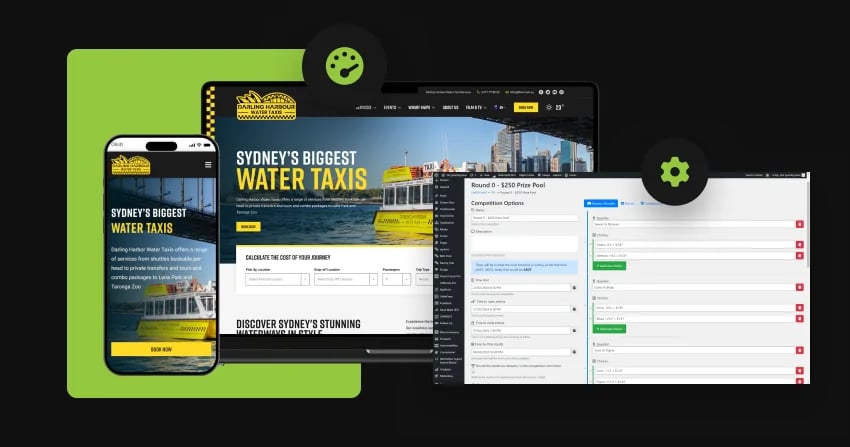 responsive wordpress development showcase showing the darling harbour water taxis website on mobile and desktop with a journey cost calculator, alongside a custom competition management backend with round configuration and prize pool settings.