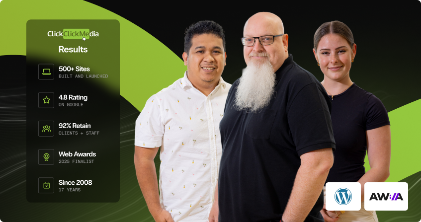 three members of the click click media wordpress development team standing together, with a results panel showing 500 plus sites built, 4.8 google rating, 92 percent retention, web awards 2025 finalist, and since 2008, with wordpress and awia logos on the right.