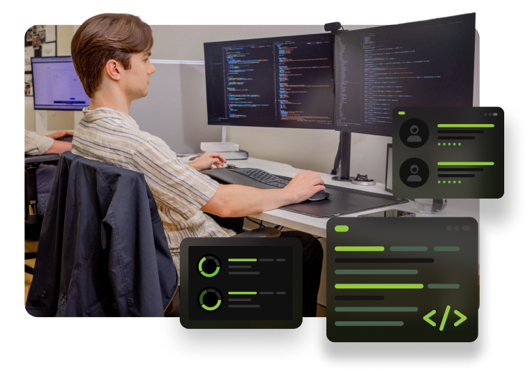 custom software development in action example from office photoshoot - contains developer mark.