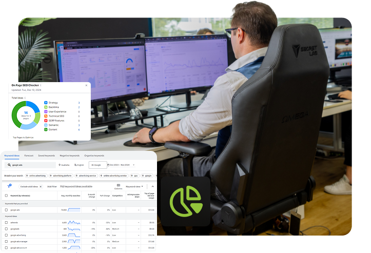 click click media seo strategist reviewing franchise keyword data and on-page seo audit results across dual monitors with semrush dashboards and keyword research tools at the norwest office.