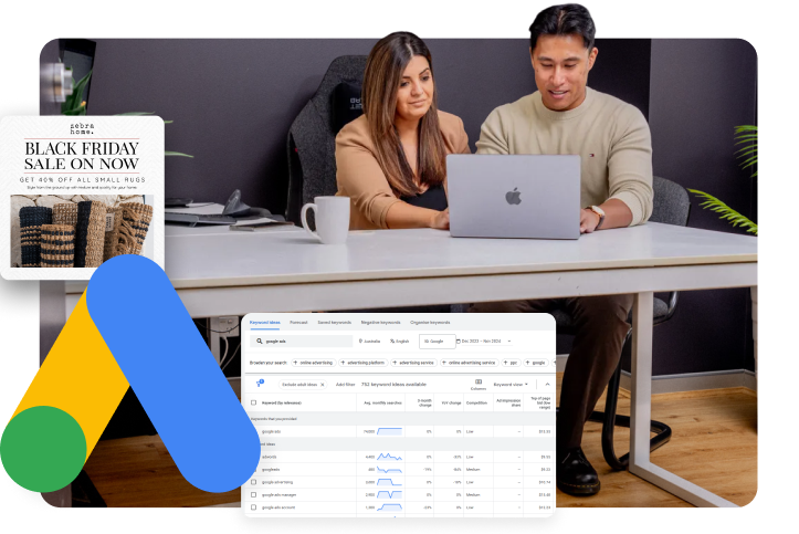 adriel & amanda senior certified google ads experts working together. google ads agency office picture.