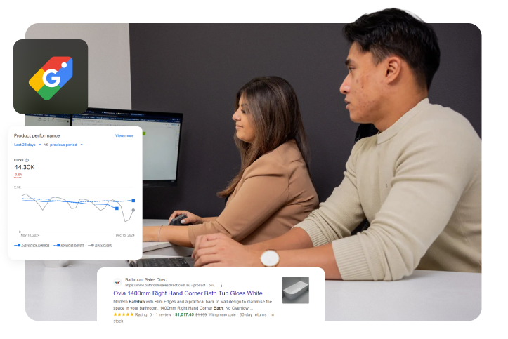 senior media buyers amanda & adriel in office photoshoot, demonstrating collaboration on a google shopping campaign