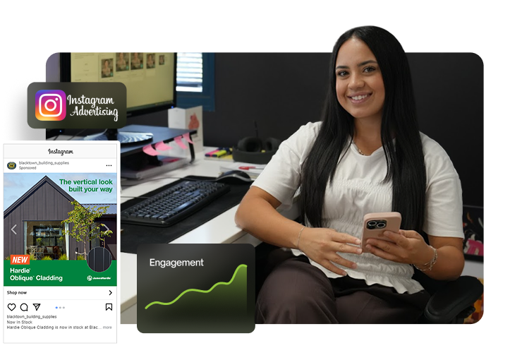 anastasia smiling at the camera while holding her phone at her desk, with an instagram advertising badge, a sponsored building supplies carousel ad, and an engagement trend line overlaid.