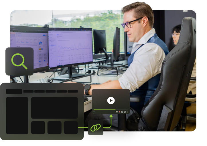 office photoshoot showing andrei with a link building campaign open.