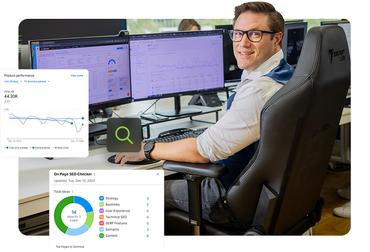 local seo specialist smiling at the camera from a dual-monitor workstation, with overlaid screenshots showing a product performance chart at 44,300 clicks, a semrush on page seo checker with 14 ideas across strategy, backlinks, and technical seo categories, and a search magnifying glass icon.