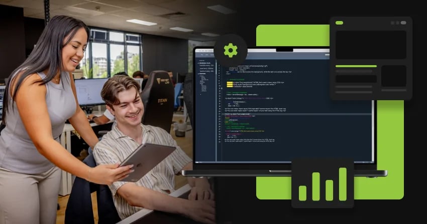 two team members reviewing a tablet together at a workstation, with php code editor and responsive website wireframes visible on a laptop screen behind them, alongside a green-themed desktop and mobile mockup overlay.