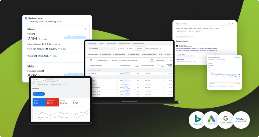 layered screenshots of ppc platforms including a meta ads dashboard showing 2.1 million views, google keyword planner with research data, a search results page, and a campaign overview panel with platform logos along the bottom.