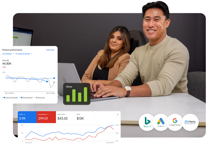 two ppc specialists sitting together at a desk reviewing a google ads performance dashboard showing an upward conversion trend on a laptop screen, with google, bing, and semrush platform logos along the bottom.