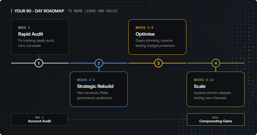 four-phase horizontal timeline showing the 90-day google ads roadmap from rapid audit and quick wins through strategic rebuild, optimisation, and scaling proven campaigns.