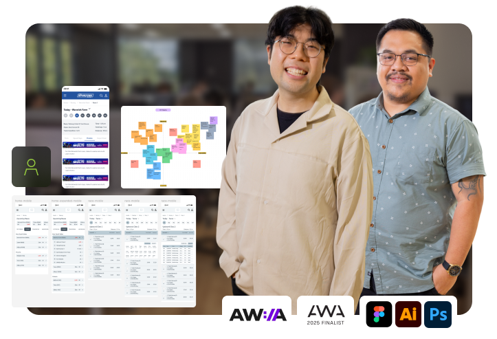jerry and jose standing in front of a blurred office background, surrounded by ui design screens and award badges for web and design competitions.