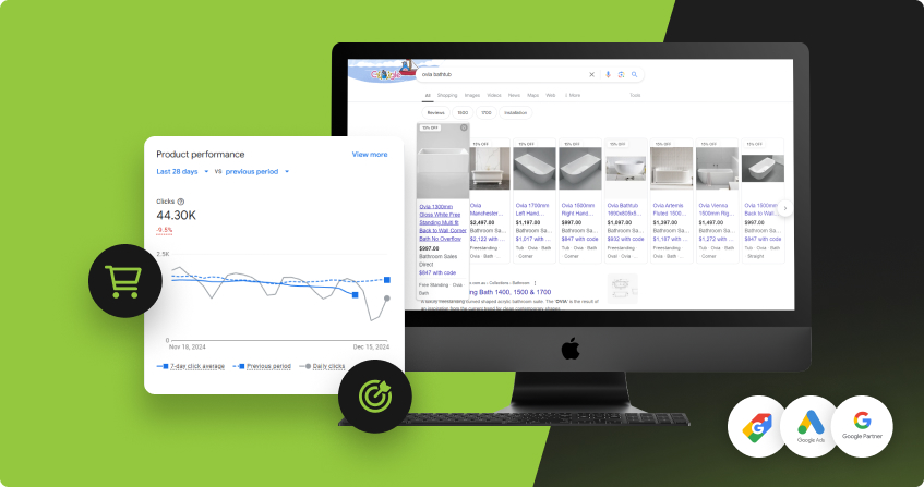 illustrations with dashboard screenshots showing a successful google shopping campaign.